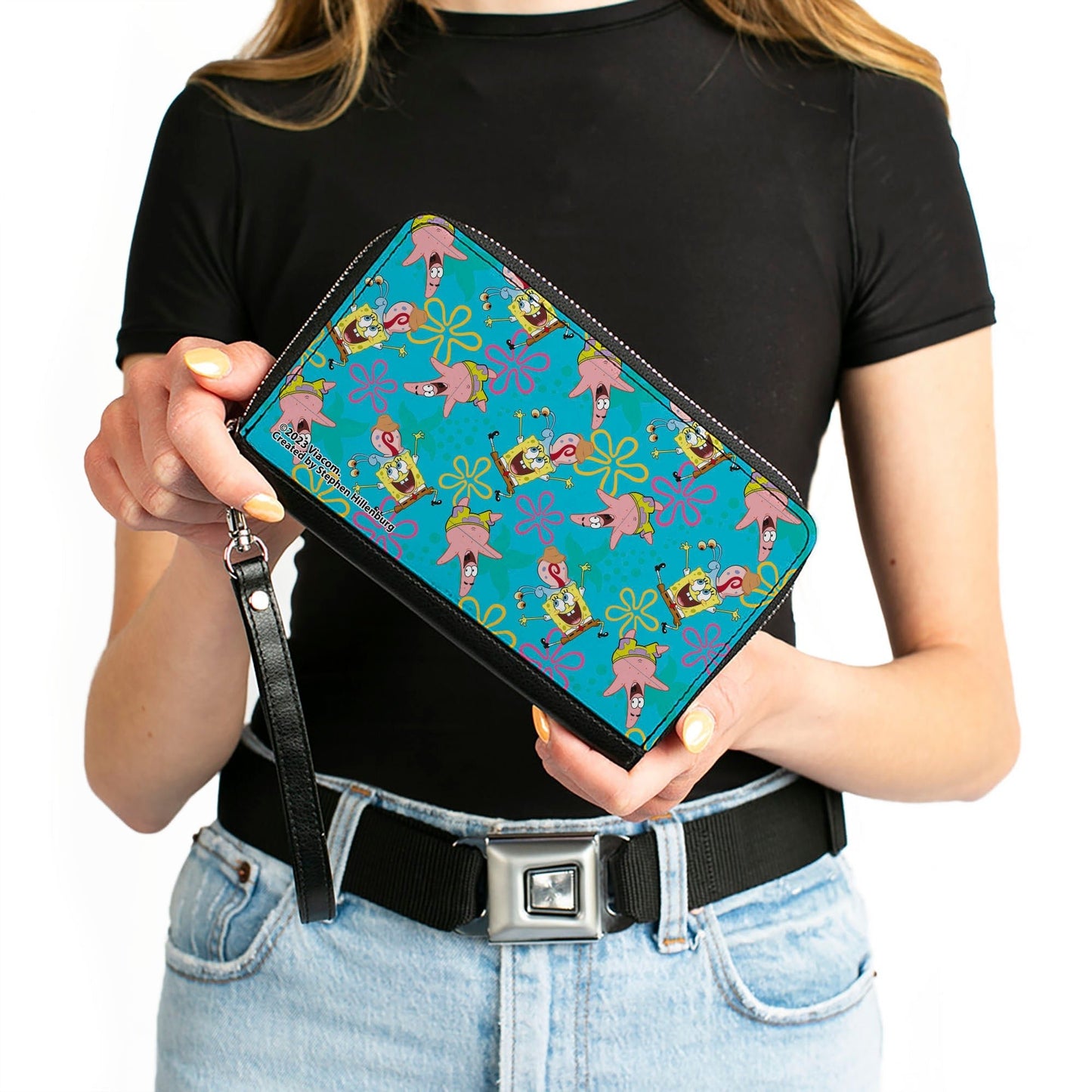 SpongeBob SquarePants Wallet Patrick and Gary Joy Poses and Flowers Blue Vegan Leather Zip Around - Paramount Shop