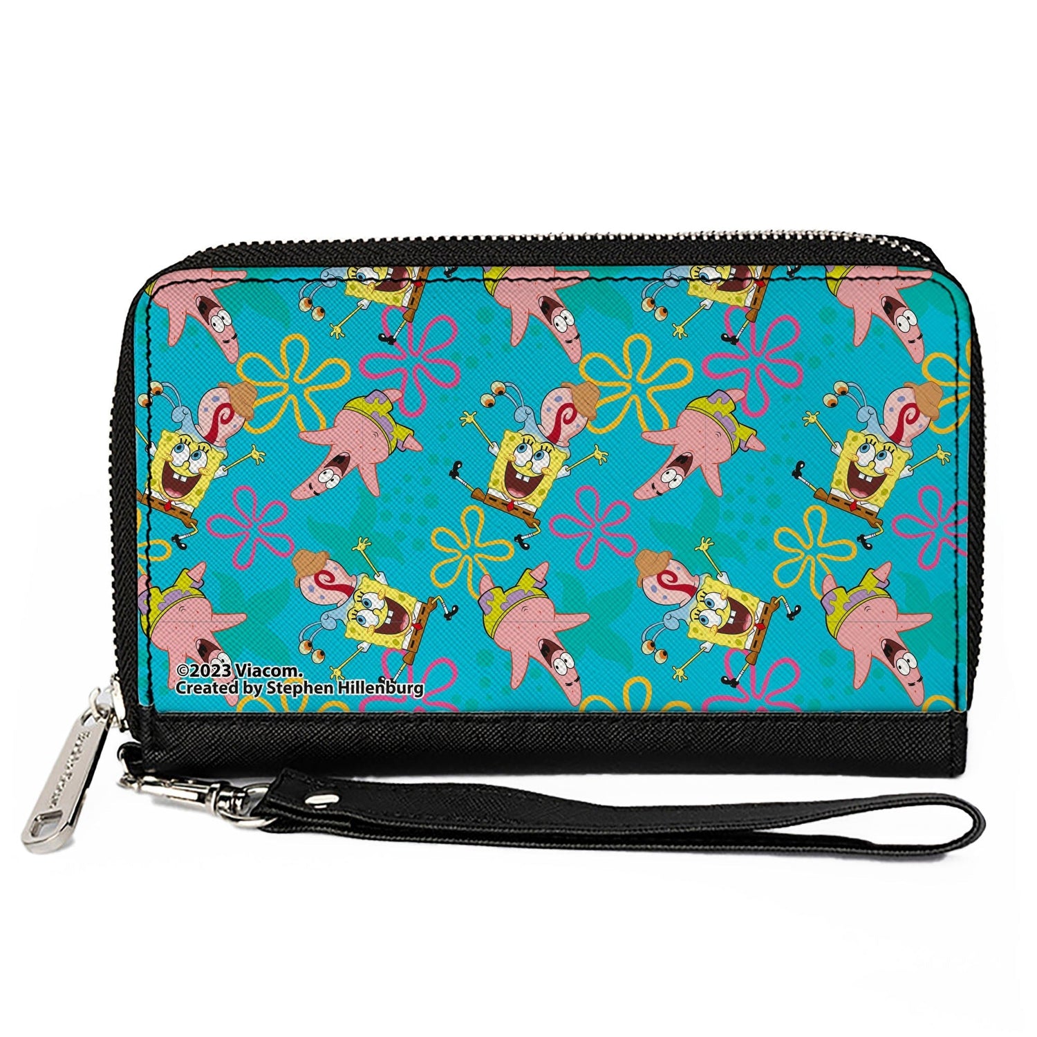 SpongeBob SquarePants Wallet Patrick and Gary Joy Poses and Flowers Blue Vegan Leather Zip Around - Paramount Shop