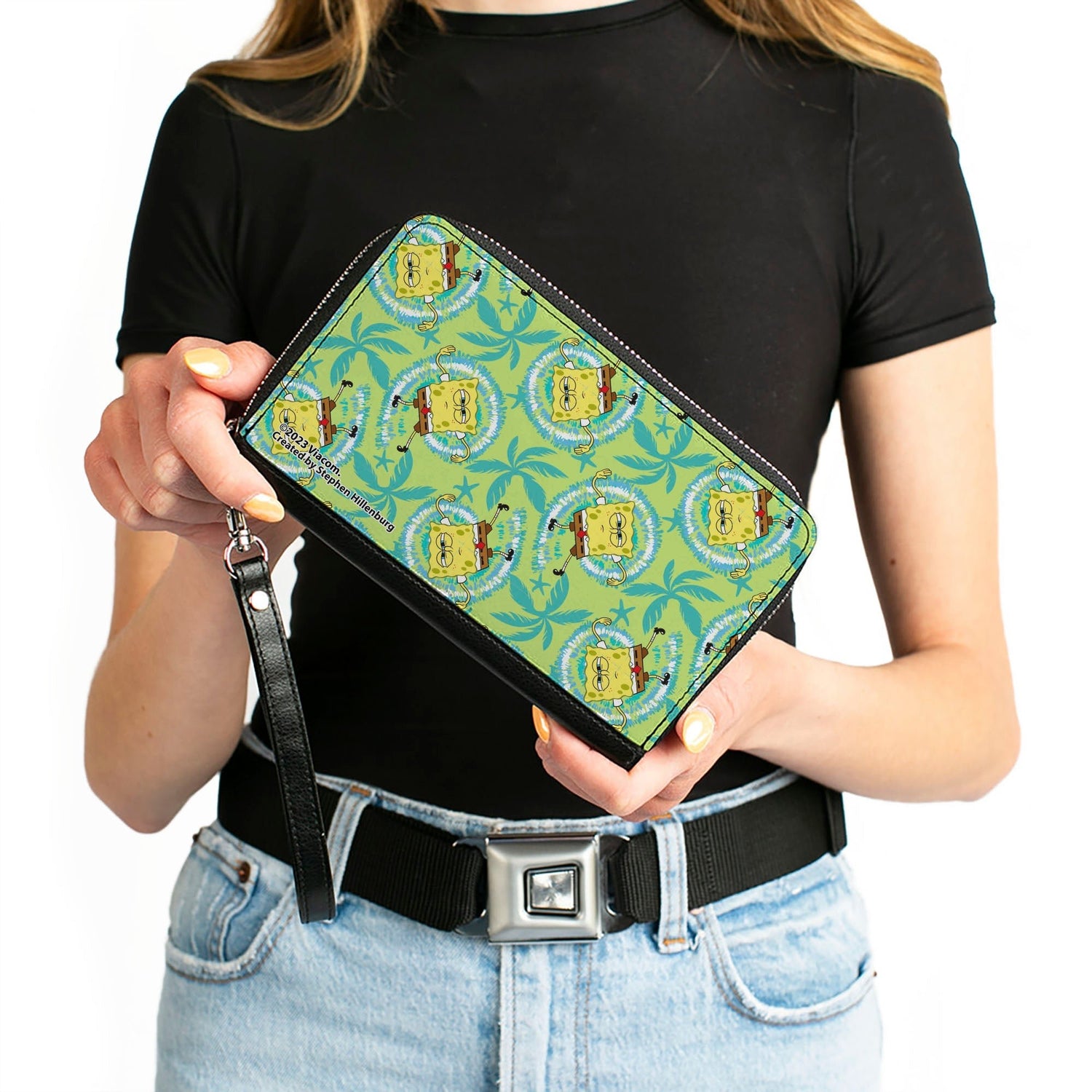 SpongeBob SquarePants Wallet Wavy Noodle Arm Pose Tropical Tie Dye Zip Around Green Blue White - Paramount Shop