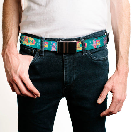 SpongeBob SquarePants Web Belt NOT NORMAL Design with Patrick, SpongeBob, and Gary Aqua Chrome Buckle - Paramount Shop