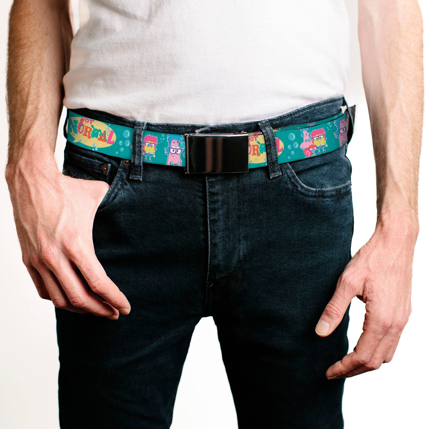 SpongeBob SquarePants Web Belt NOT NORMAL Design with Patrick, SpongeBob, and Gary Aqua Chrome Buckle - Paramount Shop