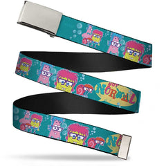 SpongeBob SquarePants Web Belt Patrick, SpongeBob & Gary NOT NORMAL Aqua Chrome Buckle Adjustable - Adult 1.5" Reg (Up to 46")