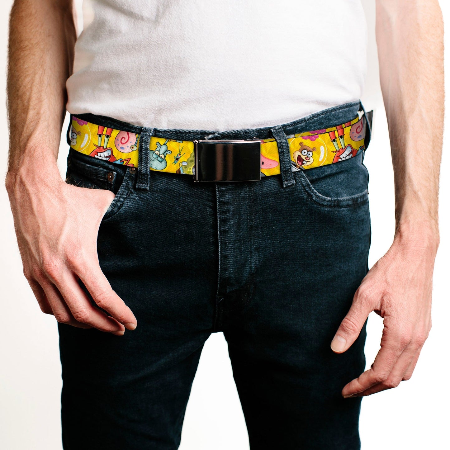 SpongeBob SquarePants Web Belt SpongeBob and Friends Poses Adjustable Yellow Black Buckle - Paramount Shop