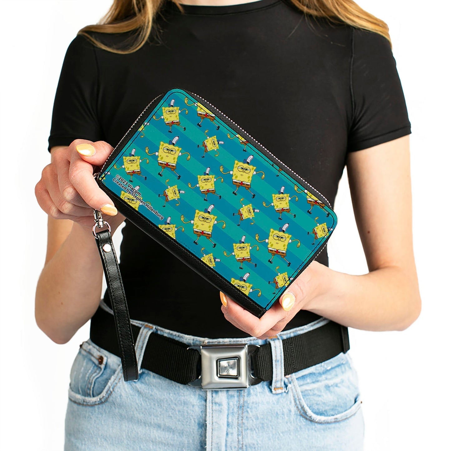 SpongeBob SquarePants Zip Around Wallet Dancing Pose Scattered Stripe Teal Blues - Paramount Shop