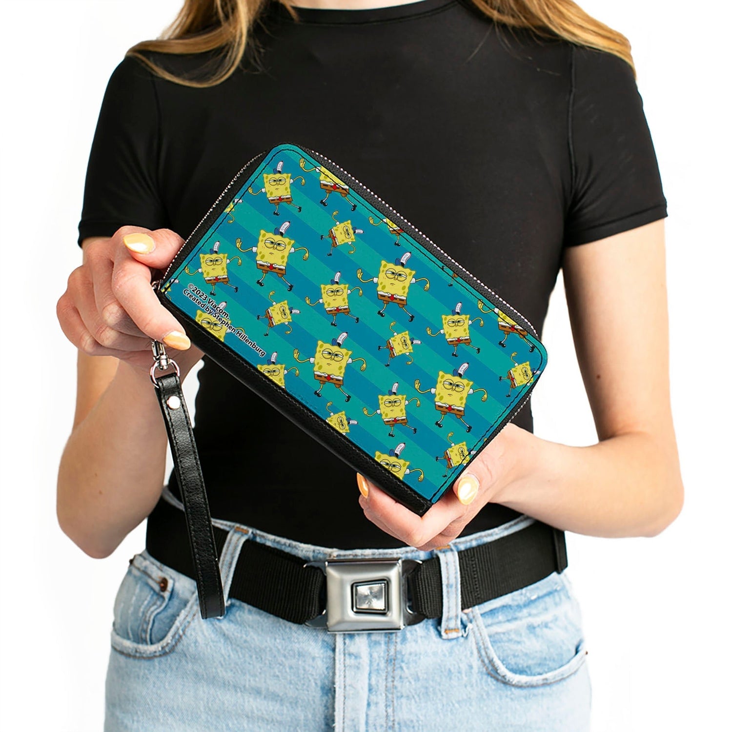 SpongeBob SquarePants Zip Around Wallet Dancing Pose Scattered Stripe Teal Blues - Paramount Shop
