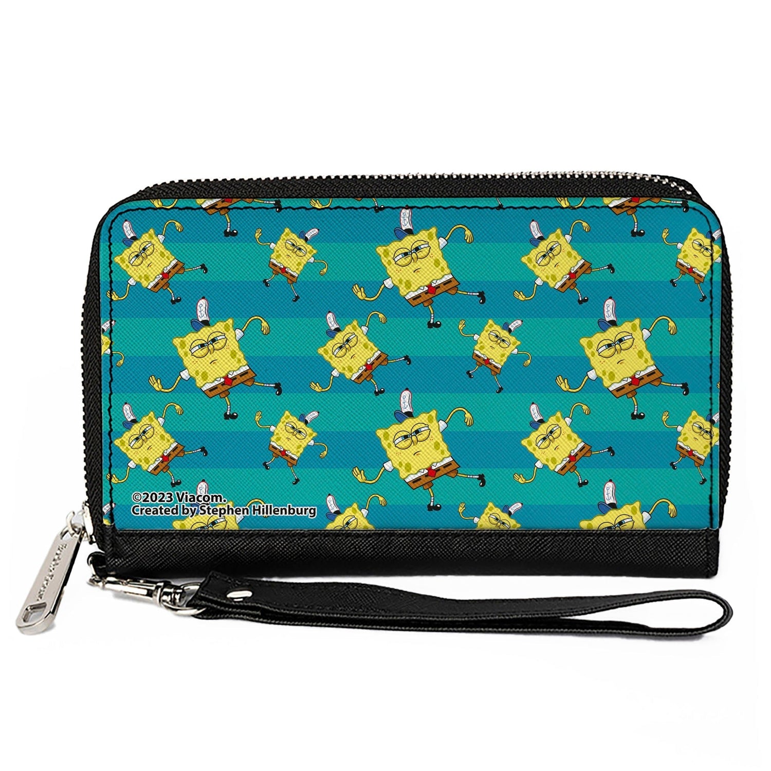 SpongeBob SquarePants Zip Around Wallet Dancing Pose Scattered Stripe Teal Blues - Paramount Shop