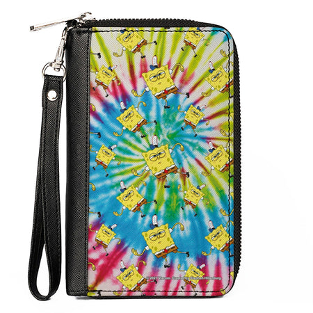 SpongeBob SquarePants Zip Around Wallet Dancing Pose Scattered Tie Dye Vegan Leather Multi Color with Detachable Wristlet - Paramount Shop