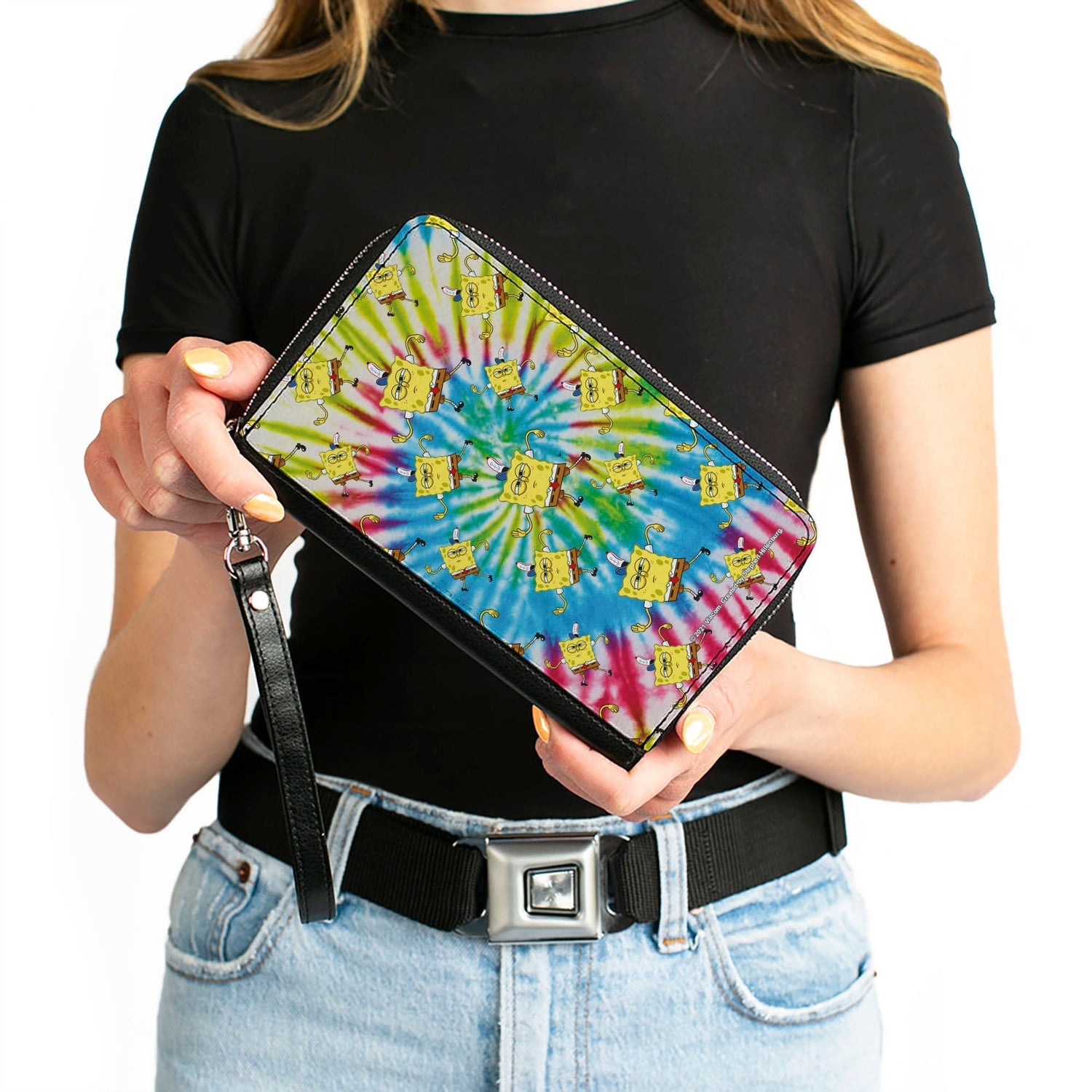 SpongeBob SquarePants Zip Around Wallet Dancing Pose Scattered Tie Dye Vegan Leather Multi Color with Detachable Wristlet - Paramount Shop