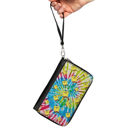 SpongeBob SquarePants Zip Around Wallet Dancing Pose Scattered Tie Dye Vegan Leather Multi Color with Detachable Wristlet - Paramount Shop