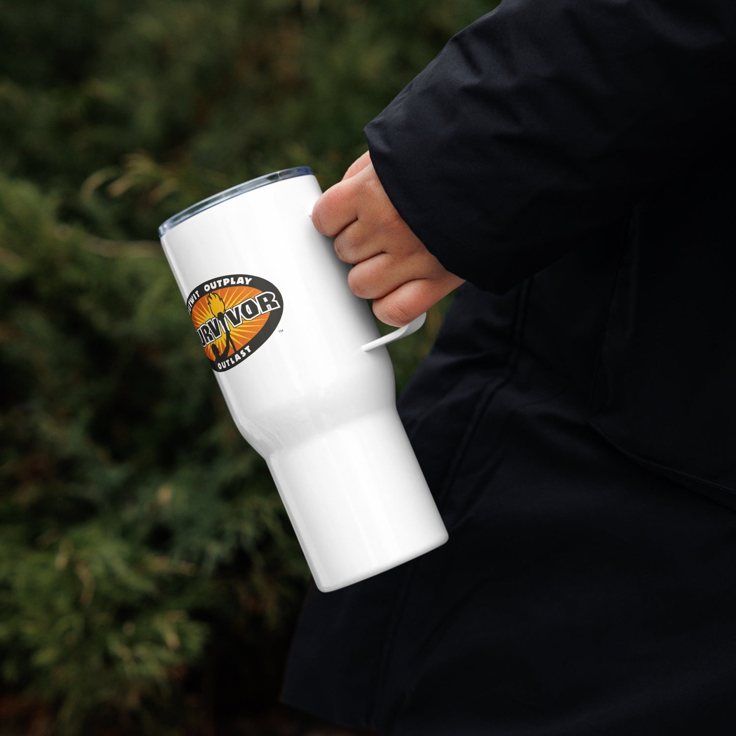 Survivor Outwit, Outplay, Outlast Logo Travel Mug With Handle - Paramount Shop