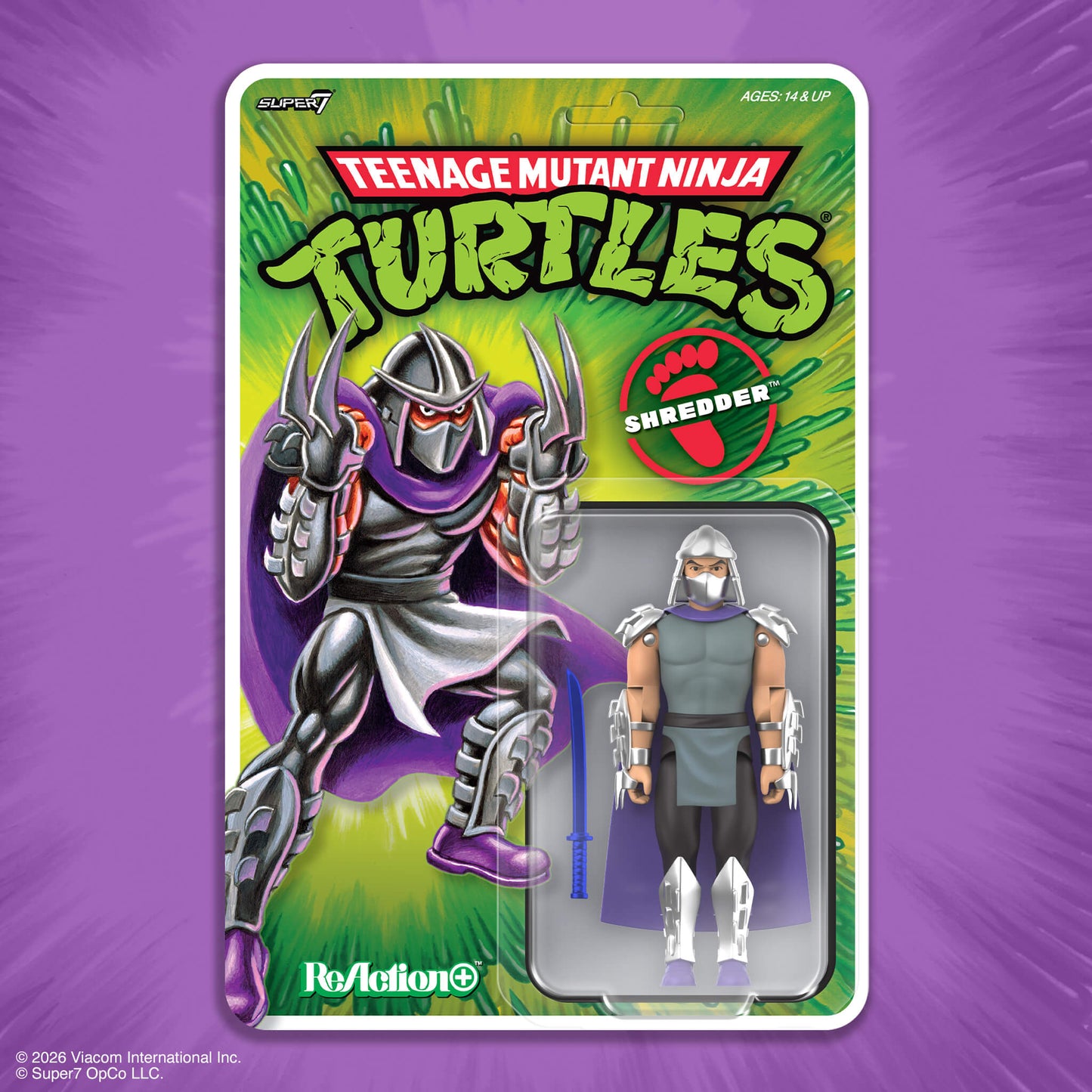 Close up of Shredder ReAction+ figure showing metallic paint and katana accessory
