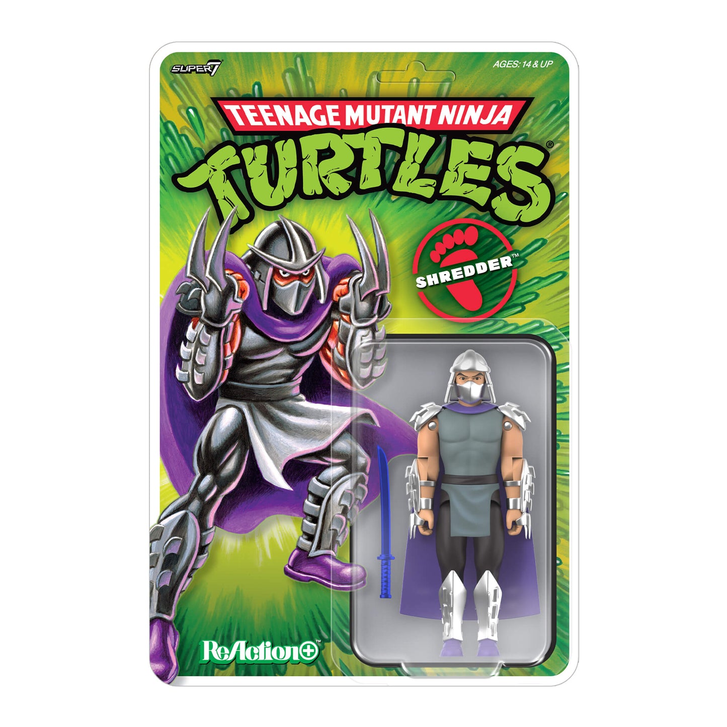 Teenage Mutant Ninja Turtles Shredder ReAction+ action figure with silver armor and purple cape