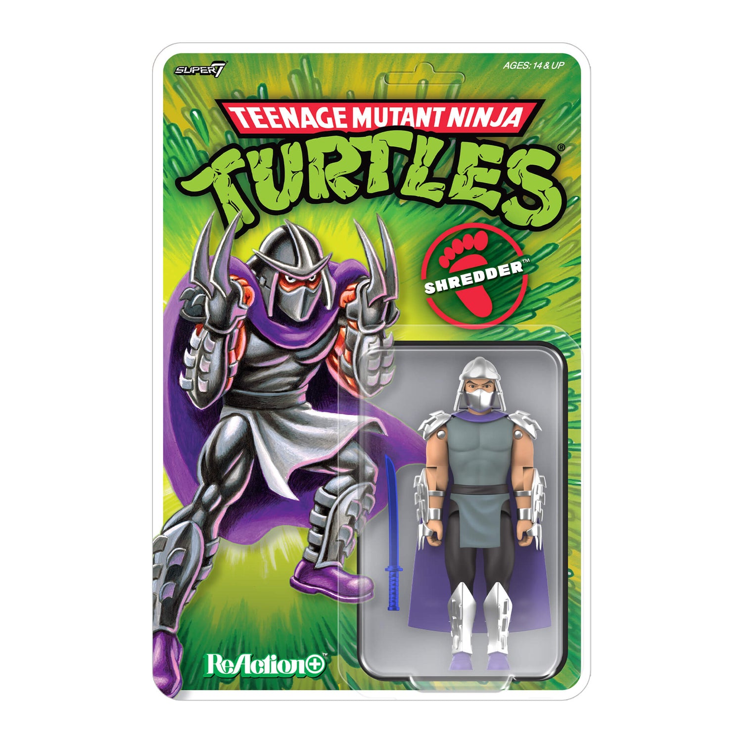Teenage Mutant Ninja Turtles Shredder ReAction+ action figure with silver armor and purple cape