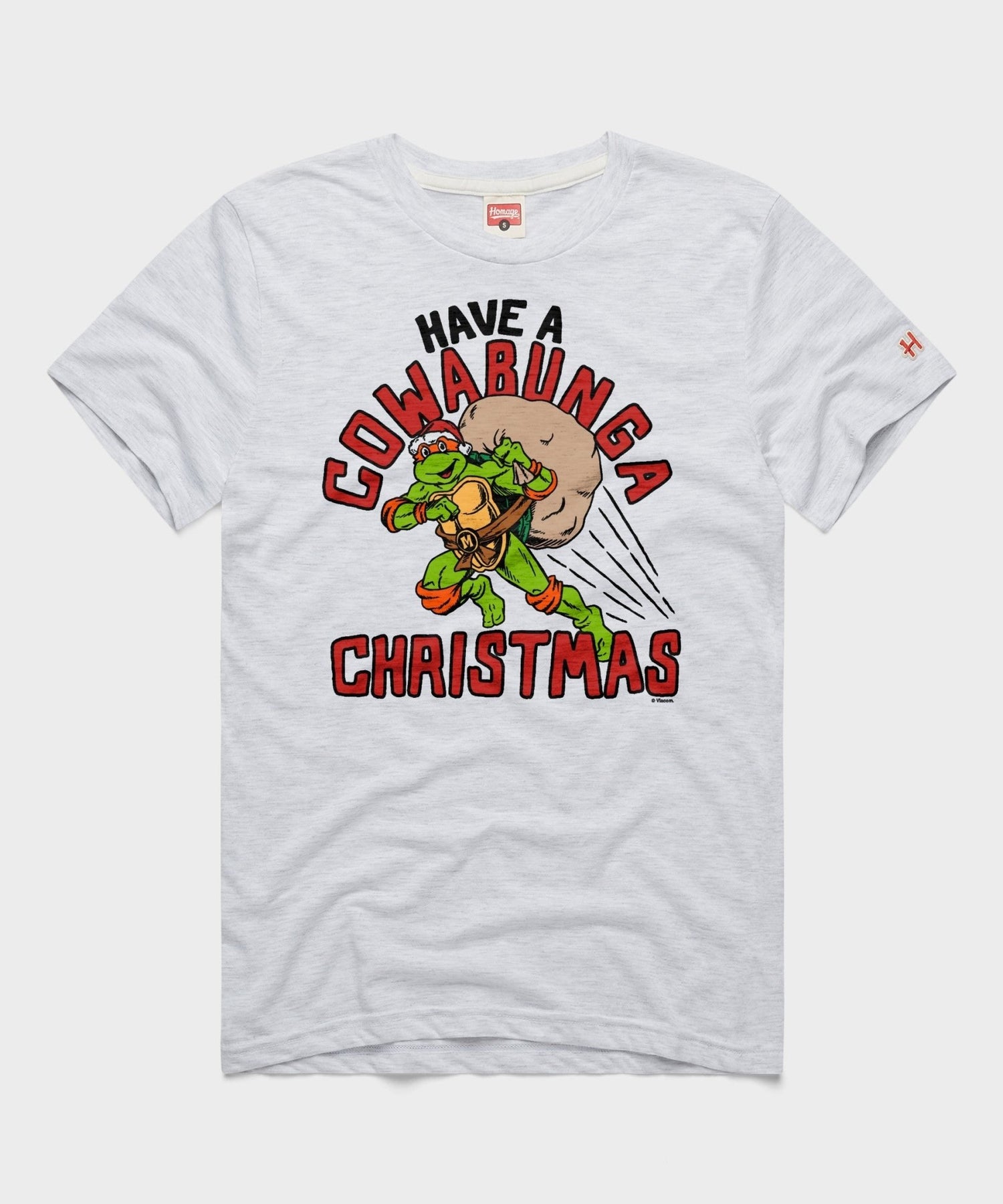 Ash gray crewneck t-shirt featuring a festive Teenage Mutant Ninja Turtles graphic on the front chest