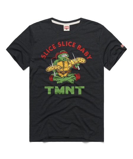Close-up of the Slice Slice Baby graphic on the teal t-shirt showing the turtle artwork and typography