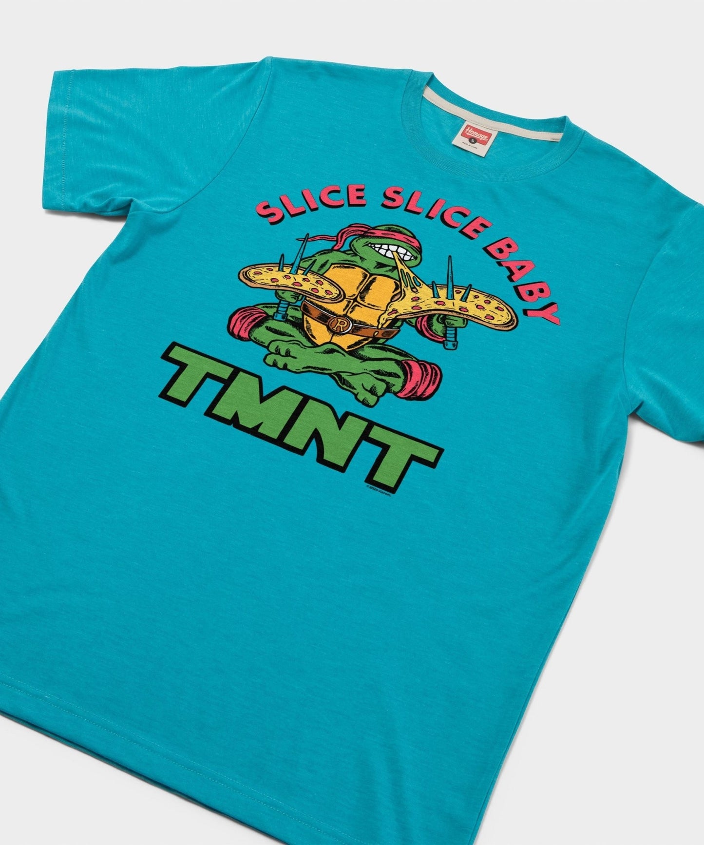 Back view of the teal Teenage Mutant Ninja Turtles t-shirt showing plain solid teal fabric