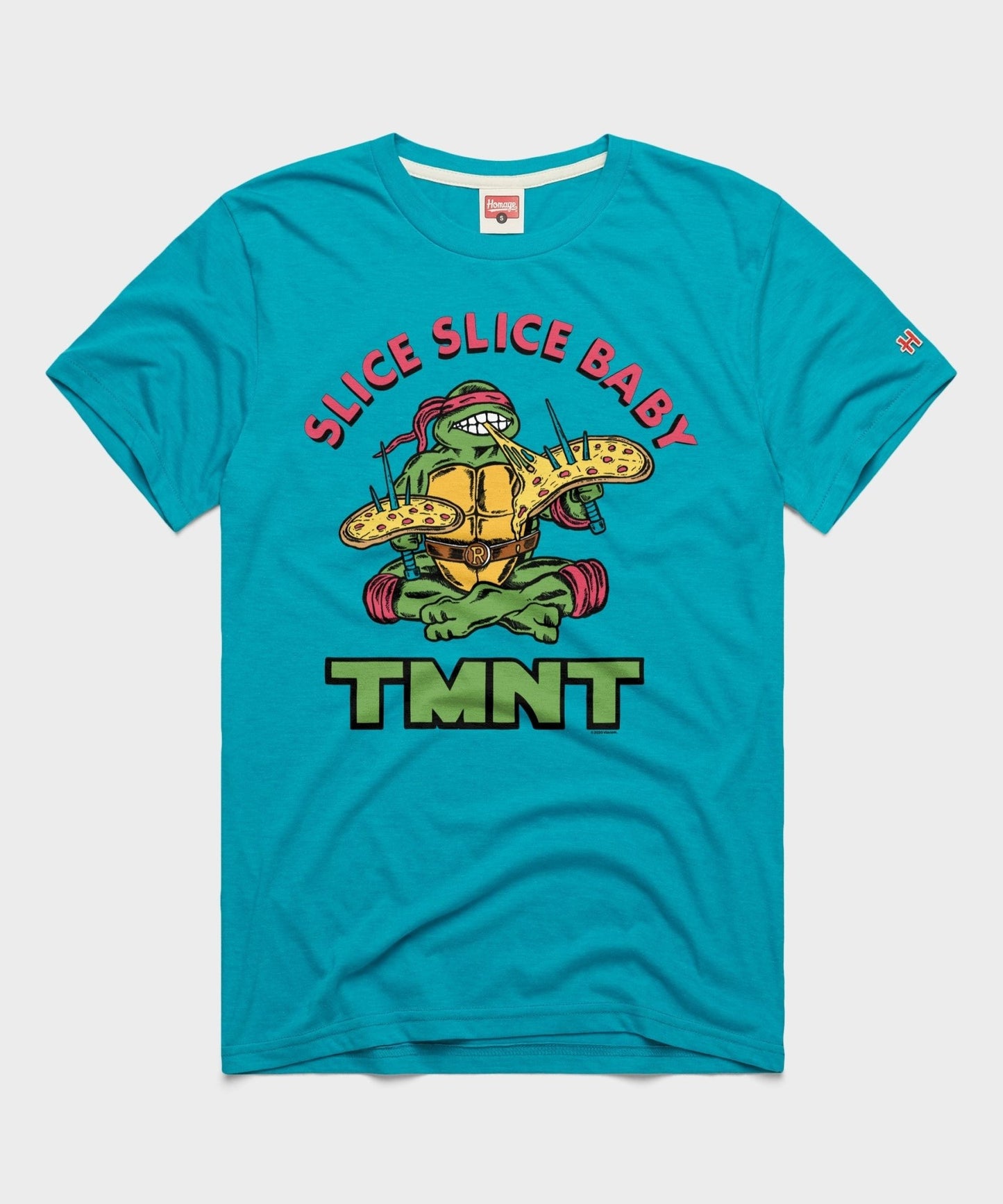 Teal Teenage Mutant Ninja Turtles graphic t-shirt featuring the Slice Slice Baby design on the front chest