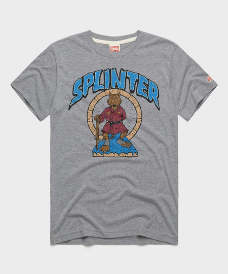 Grey crewneck t-shirt featuring a vintage Master Splinter graphic centered on the front chest
