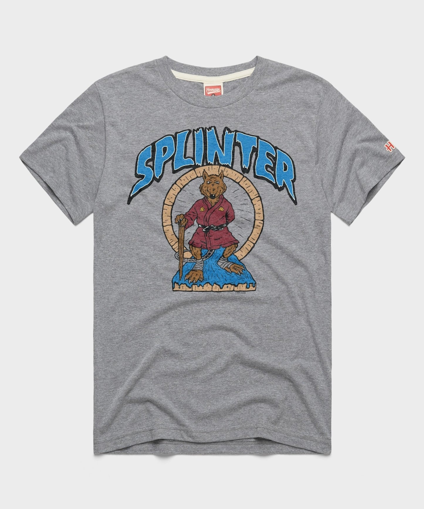 Grey crewneck t-shirt featuring a vintage Master Splinter graphic centered on the front chest