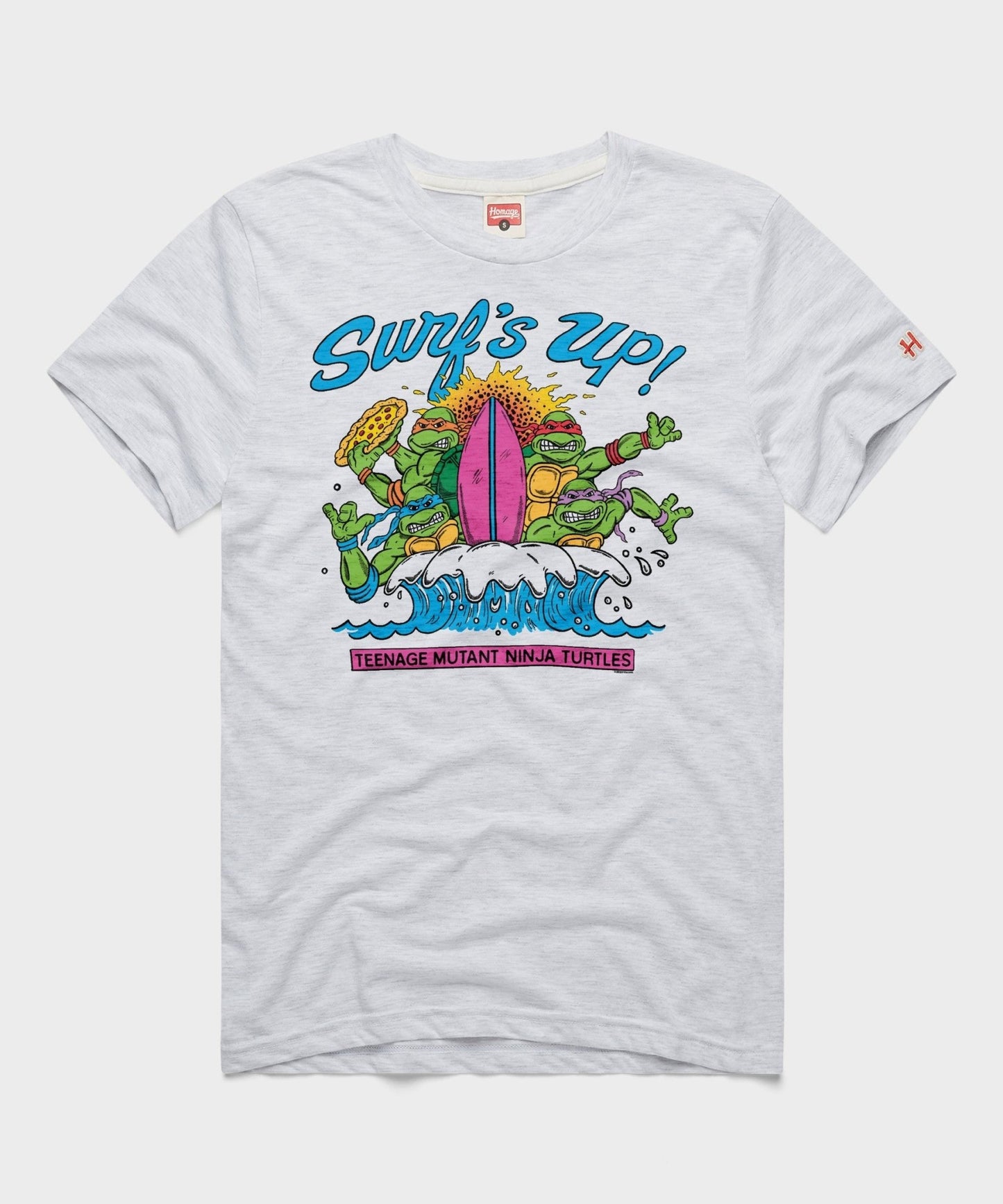 Ash grey crewneck t-shirt featuring the Teenage Mutant Ninja Turtles Surf's Up graphic centered on the front chest