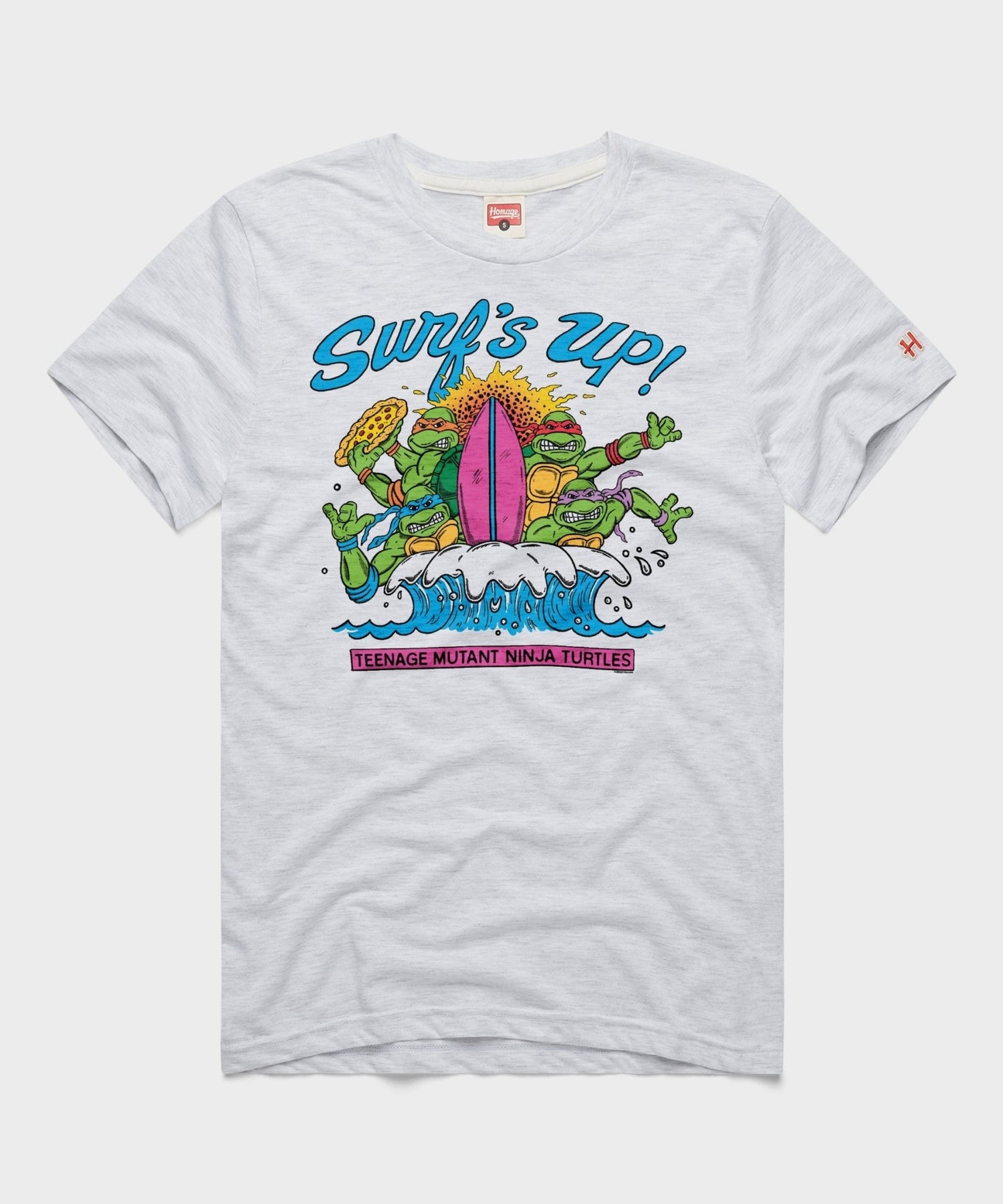 Ash grey crewneck t-shirt featuring the Teenage Mutant Ninja Turtles Surf's Up graphic centered on the front chest