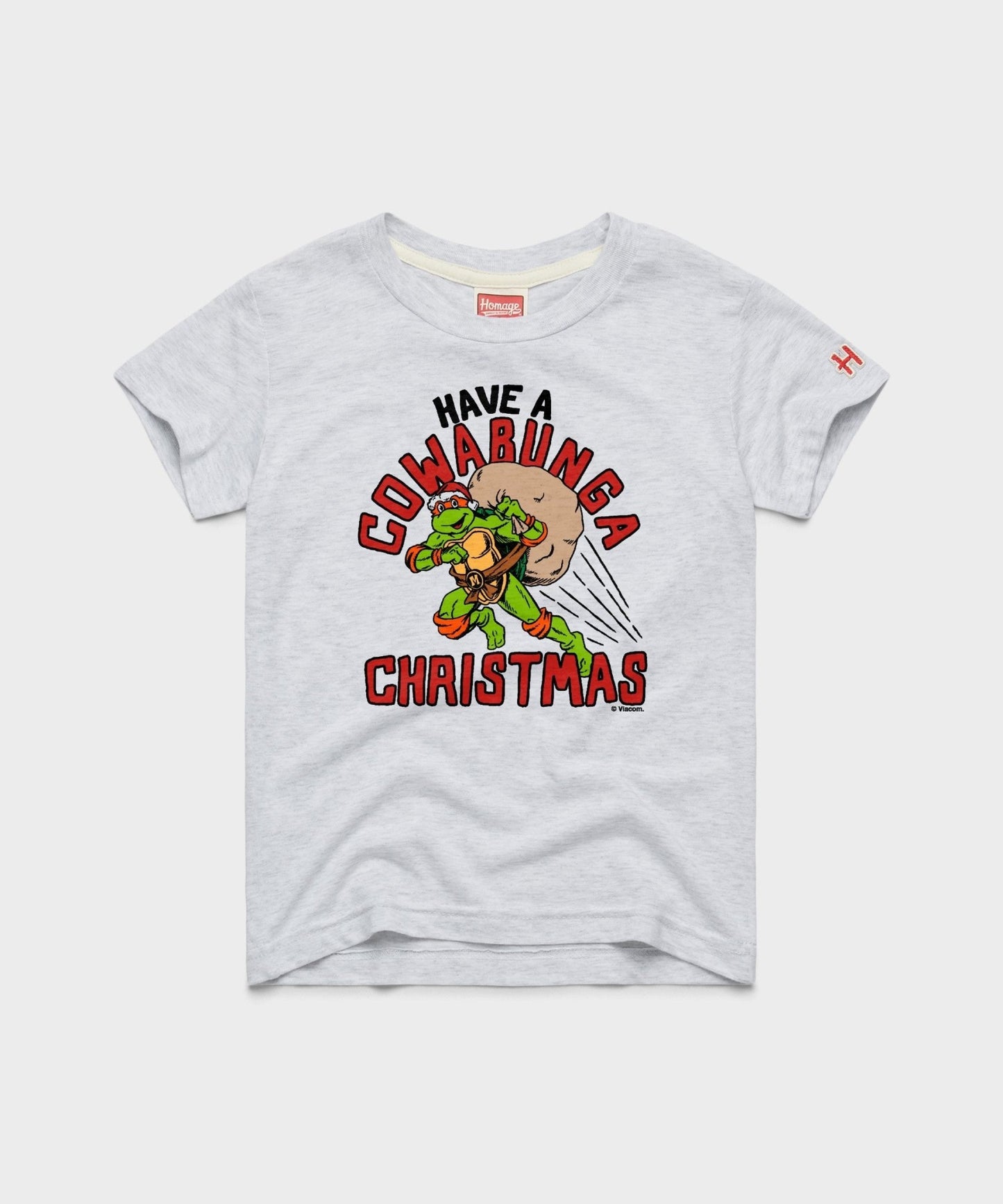 Front view of the Teenage Mutant Ninja Turtles youth ash t-shirt featuring the festive graphic design