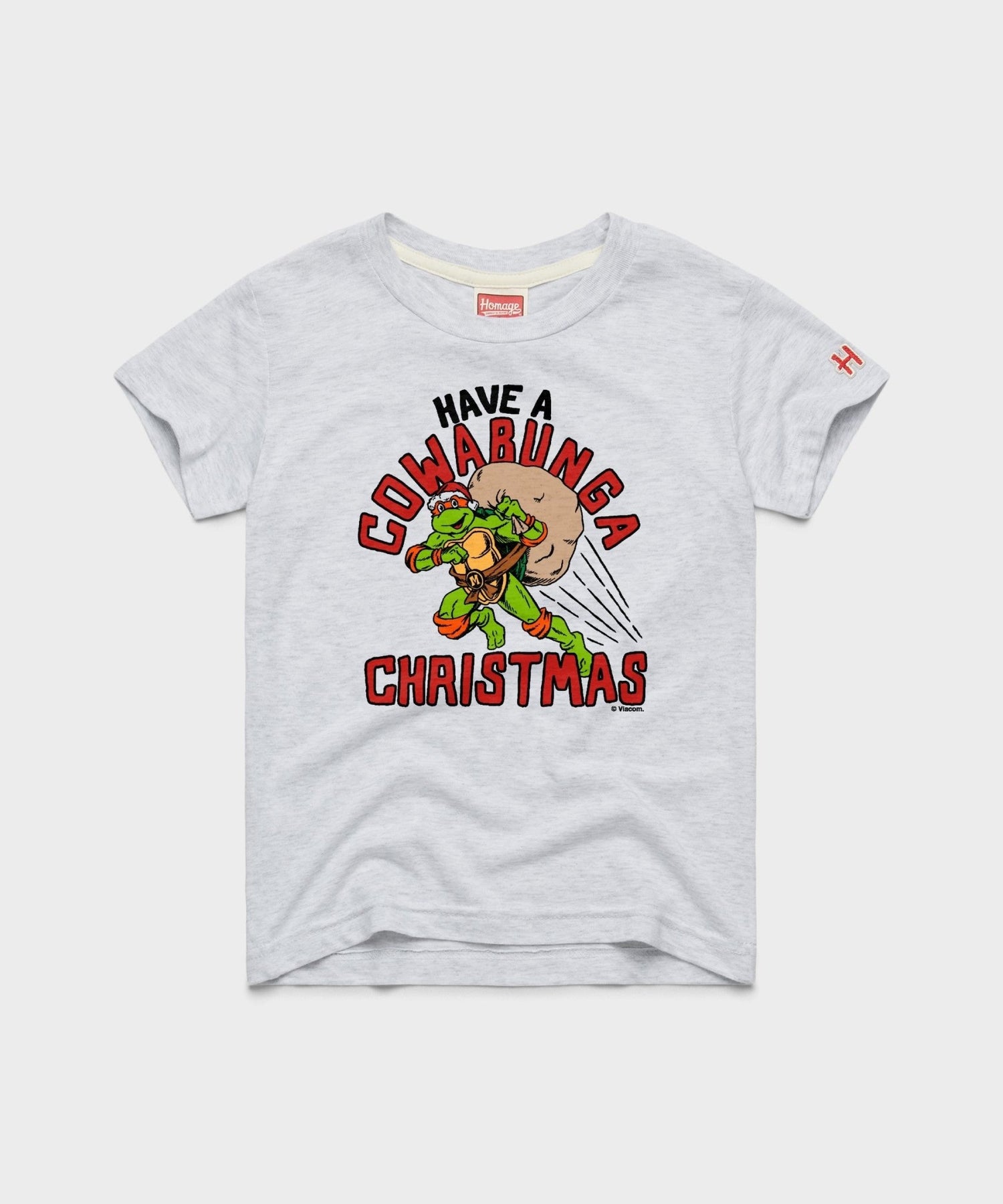 Front view of the Teenage Mutant Ninja Turtles youth ash t-shirt featuring the festive graphic design