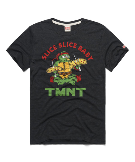 Close-up of the front graphic featuring Teenage Mutant Ninja Turtles pizza artwork on a teal shirt
