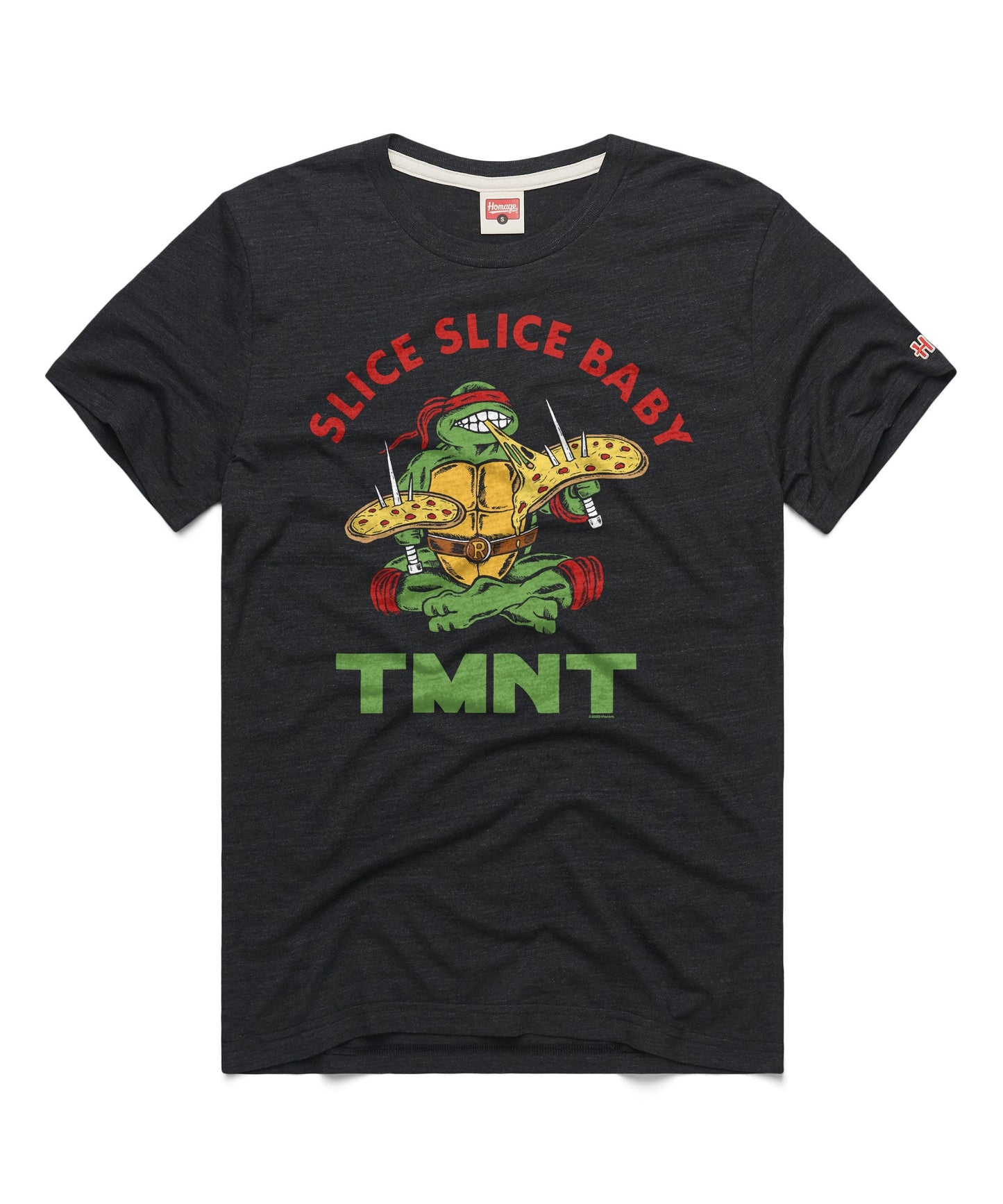 Close-up of the front graphic featuring Teenage Mutant Ninja Turtles pizza artwork on a teal shirt
