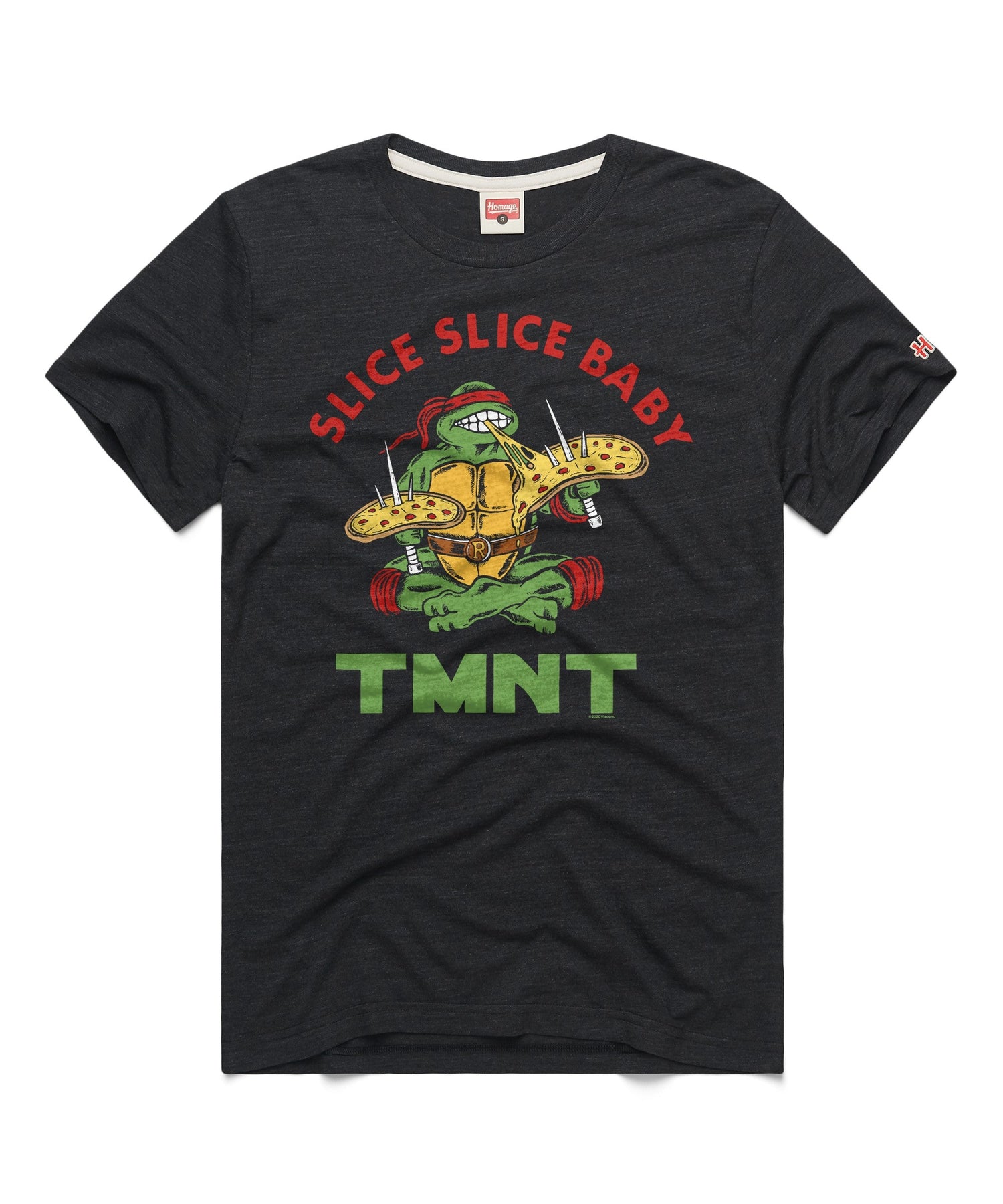 Close-up of the front graphic featuring Teenage Mutant Ninja Turtles pizza artwork on a teal shirt