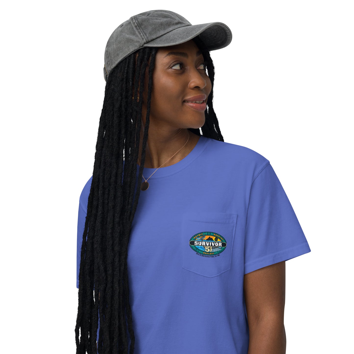 Close-up of the Survivor Season 51 Logo printed on the True Navy garment-dyed fabric.