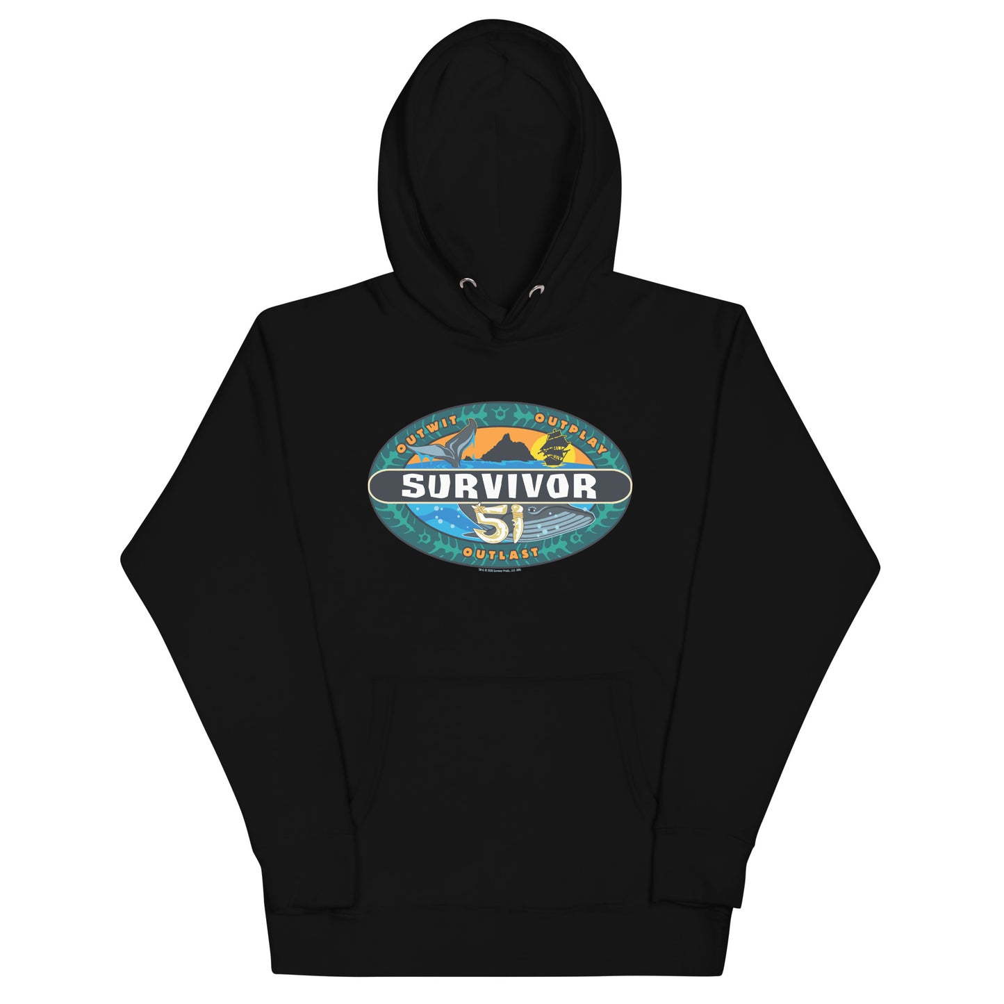 Front view of the black Survivor Season 51 Logo Hoodie with the official series logo on the chest.