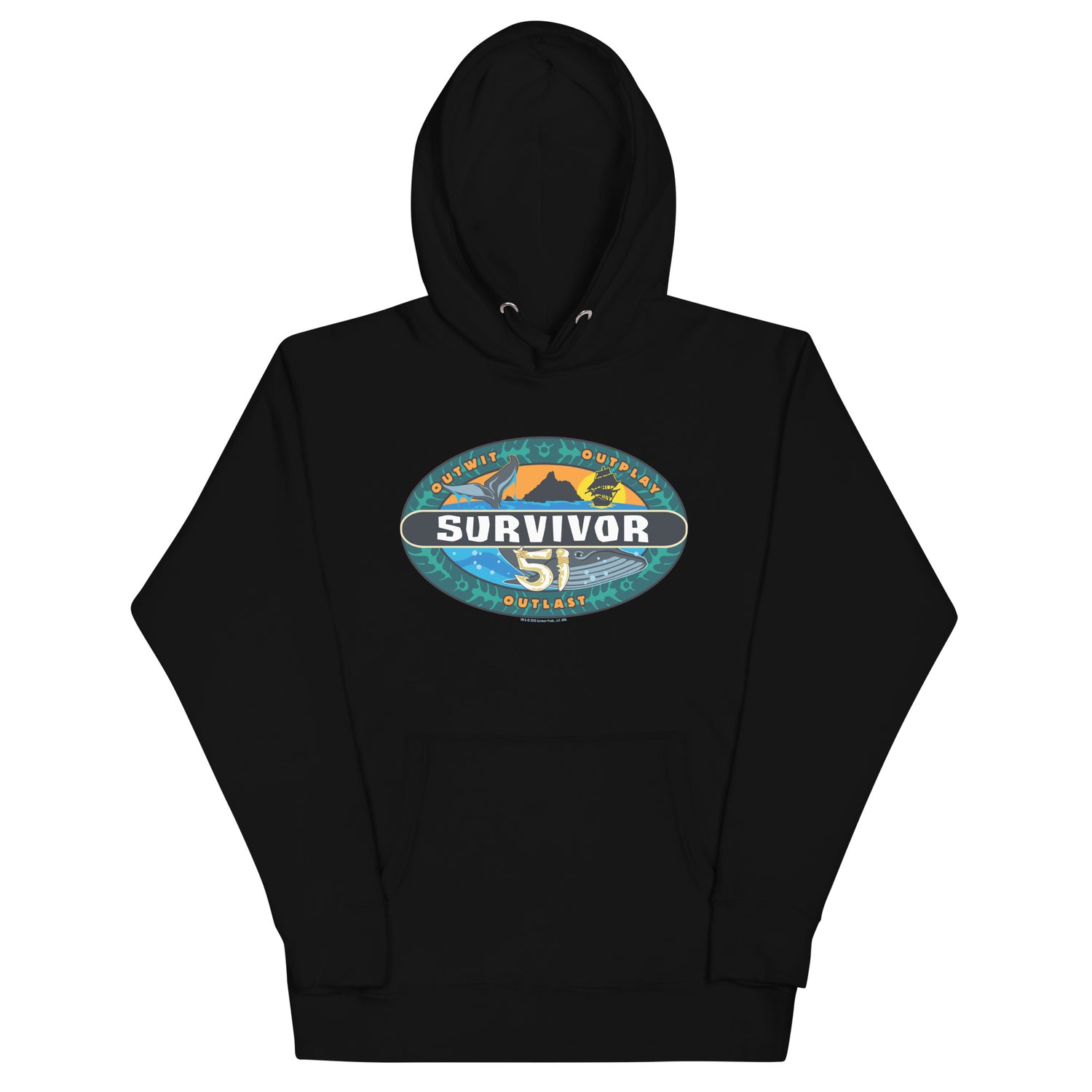 Front view of the black Survivor Season 51 Logo Hoodie with the official series logo on the chest.