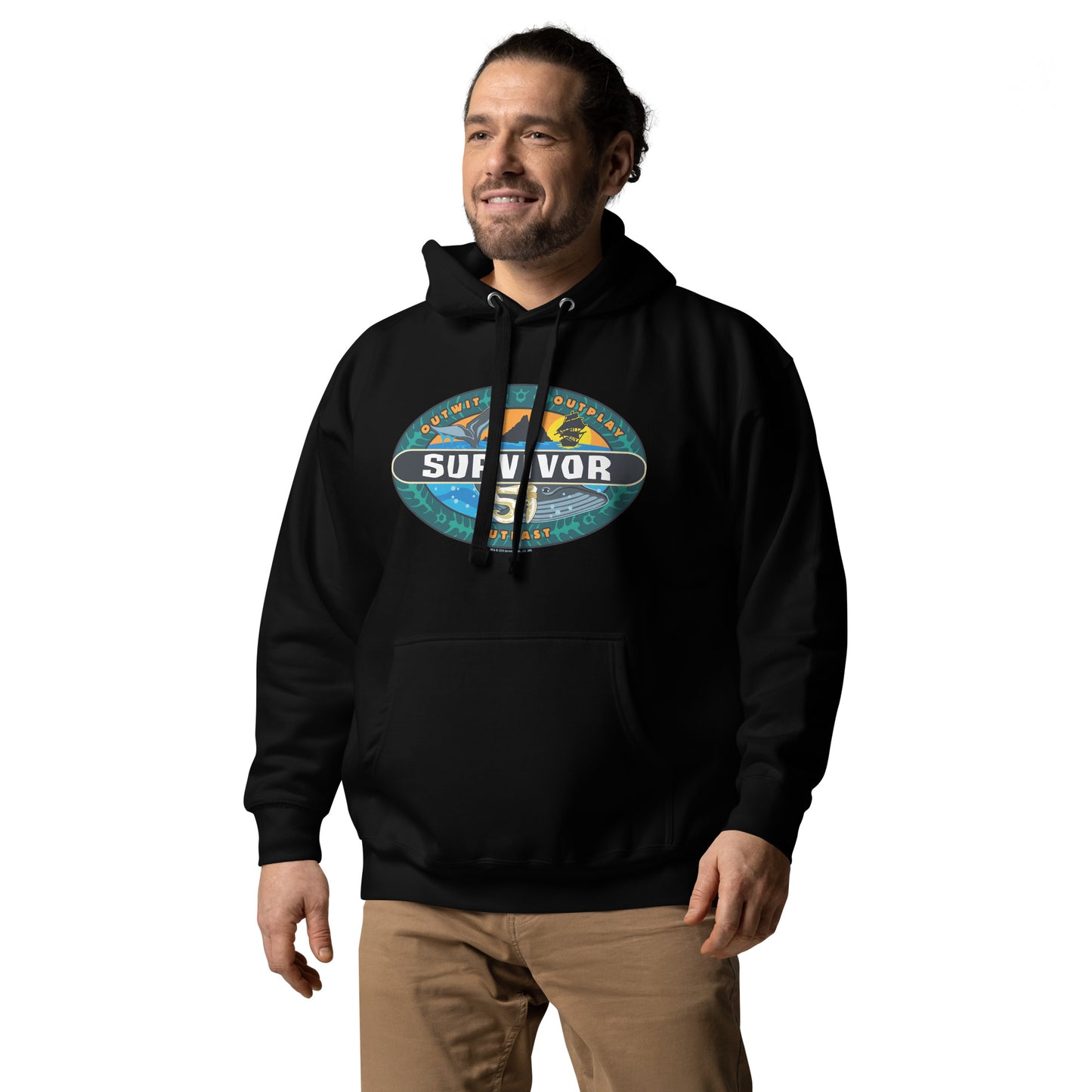Team Gold Survivor Season 51 Logo Hoodie showing the front pouch pocket and hooded design.