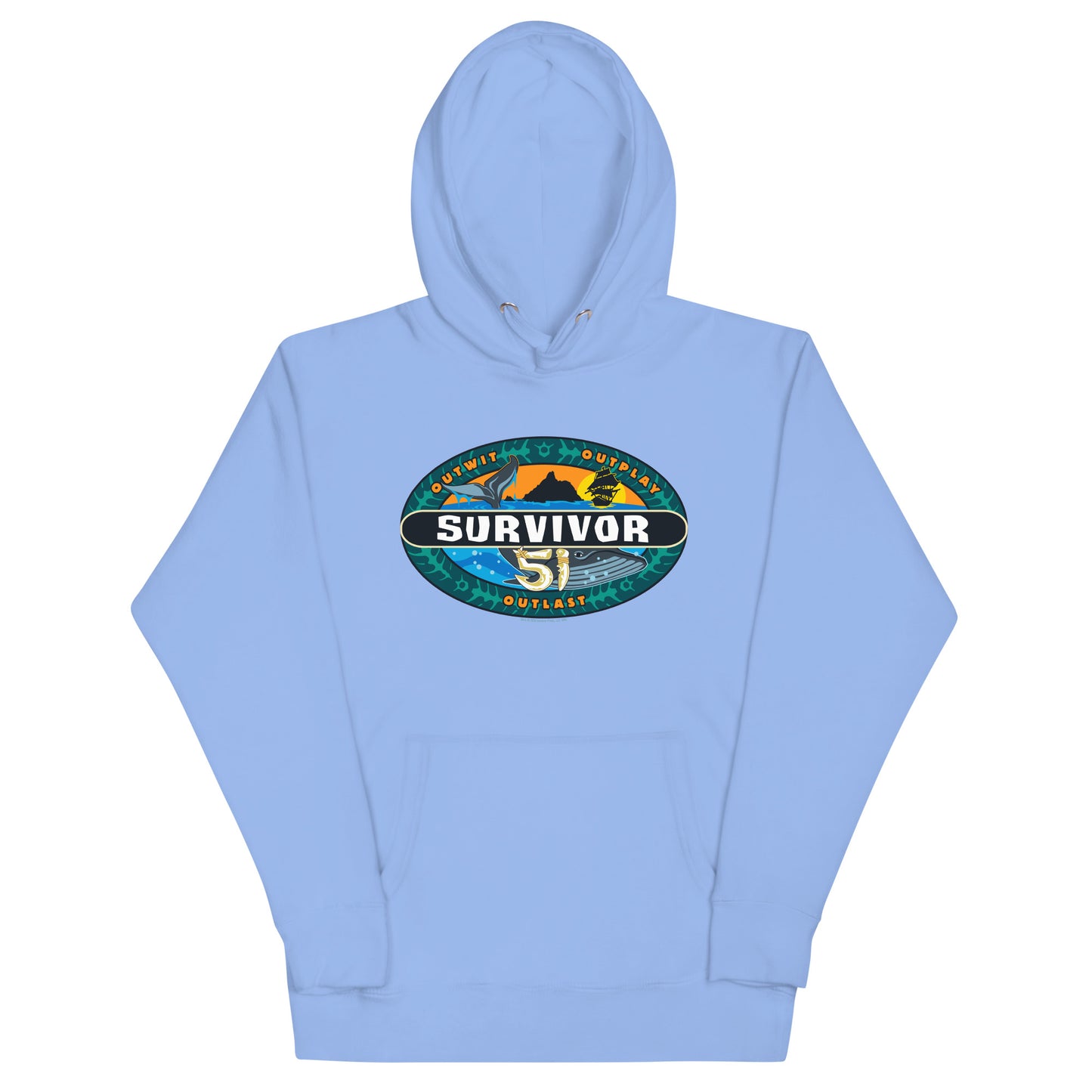 Side view of the unisex Survivor Season 51 pullover showing the sleeve and hood construction.