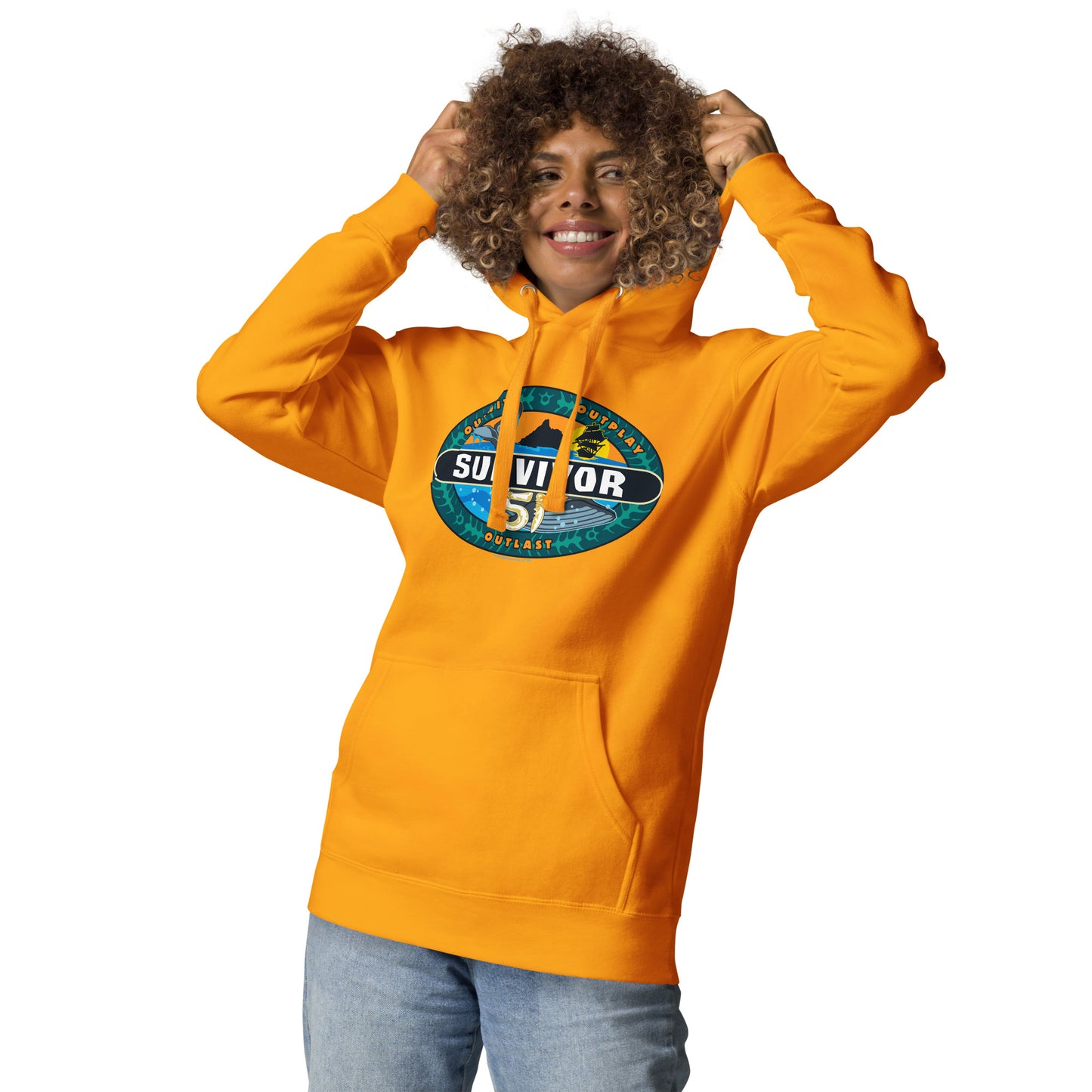 Close-up of the Survivor Season 51 logo graphic on a black unisex hoodie.