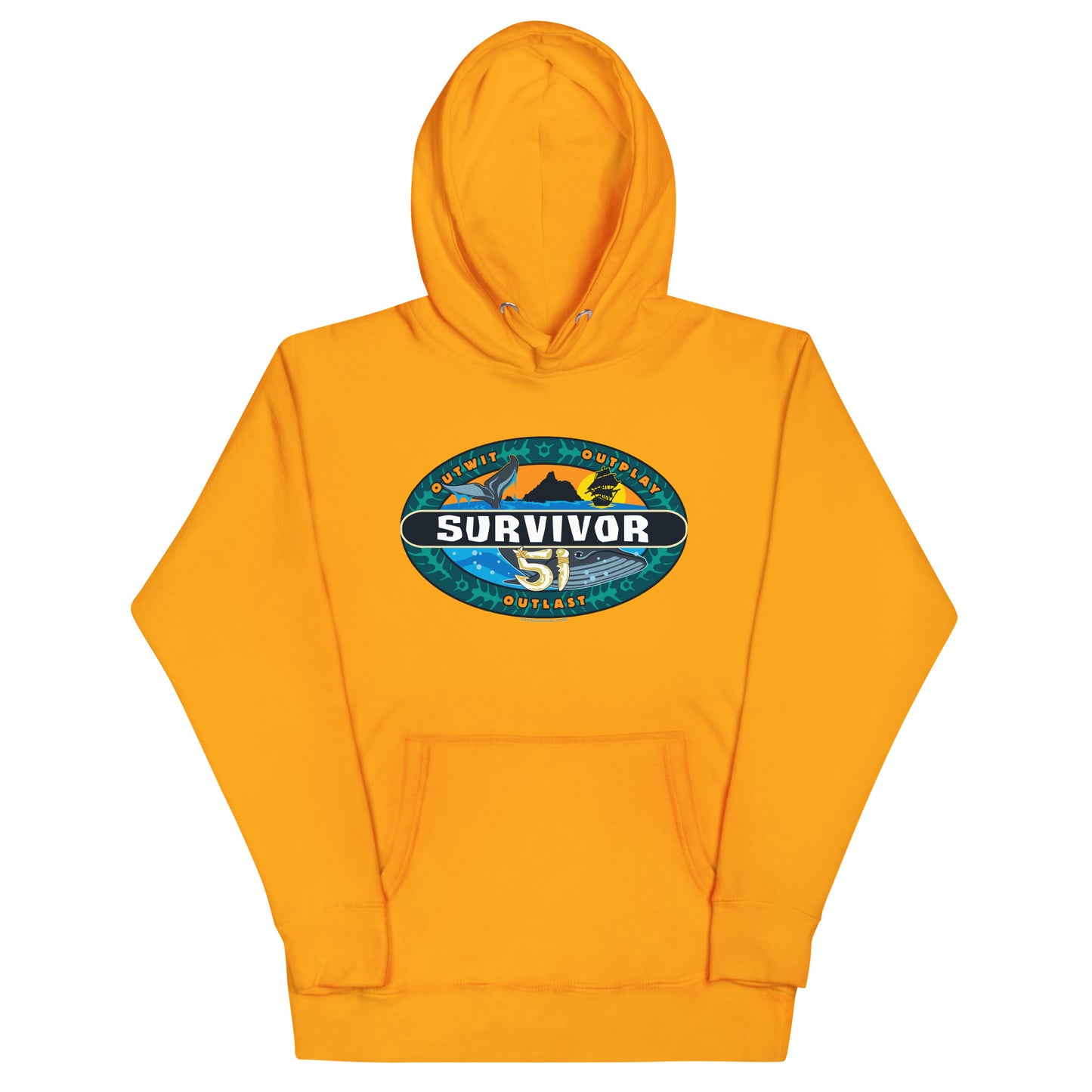 The Survivor Season 51 Logo Hoodie in black displayed on a flat surface.