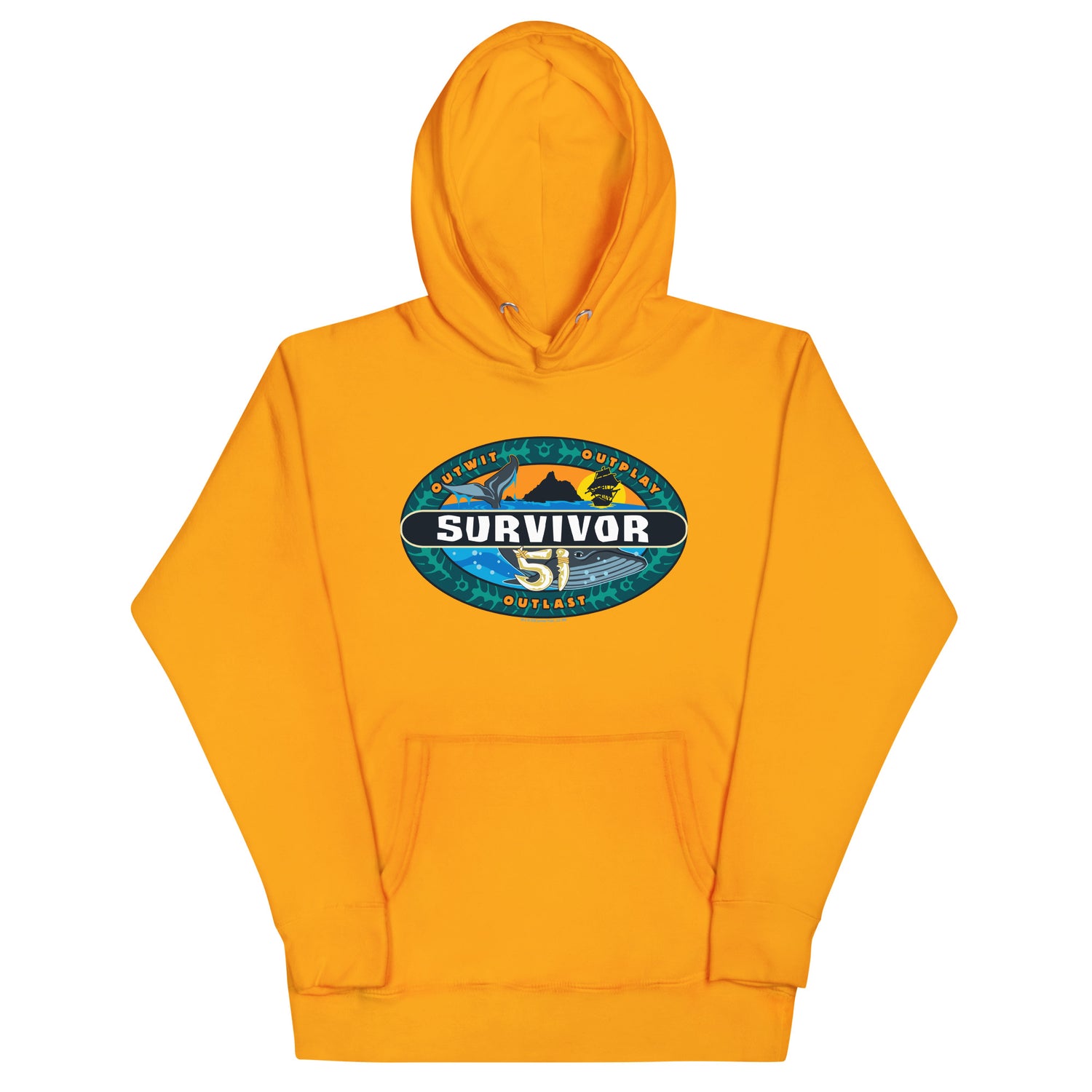 The Survivor Season 51 Logo Hoodie in black displayed on a flat surface.