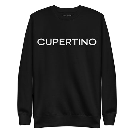 Black crewneck sweatshirt featuring the Cupertino logo centered on the front chest