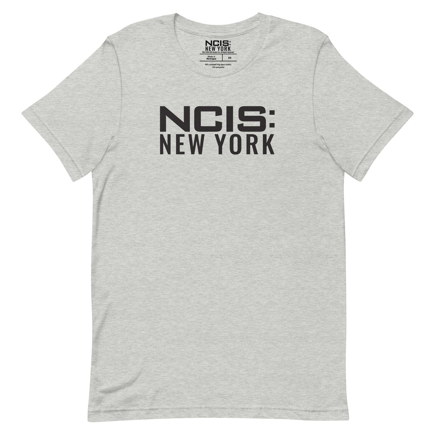 Close-up of the NCIS: New York text logo printed on the chest of the t-shirt