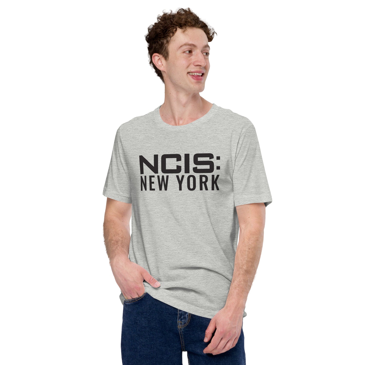 Side angle view of the NCIS: New York graphic t-shirt on a model