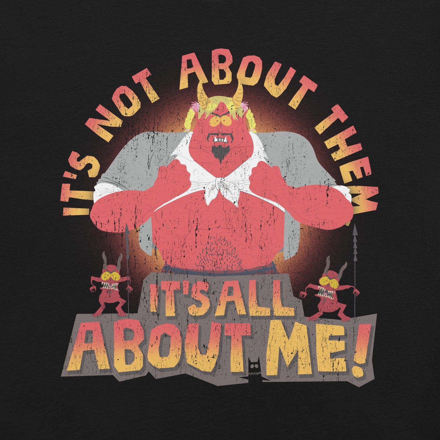 Close-up view of the South Park Satan graphic printed on a soft cotton t-shirt