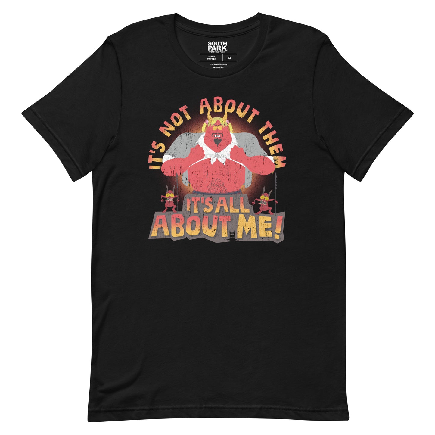 South Park graphic t-shirt featuring Satan with the It's All About Me! text design centered on the chest