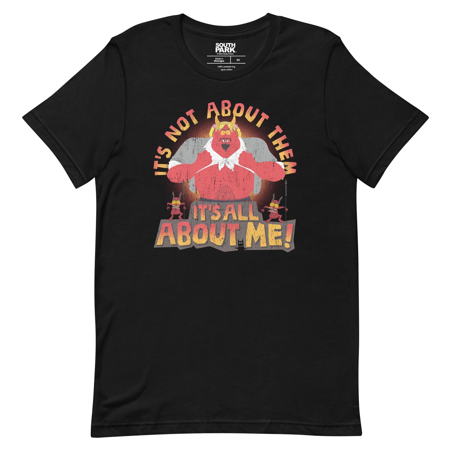 South Park graphic t-shirt featuring Satan with the It's All About Me! text design centered on the chest