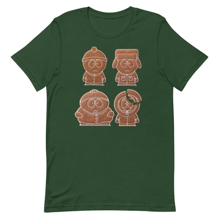 Close-up of the gingerbread character graphic on the front of the red South Park t-shirt