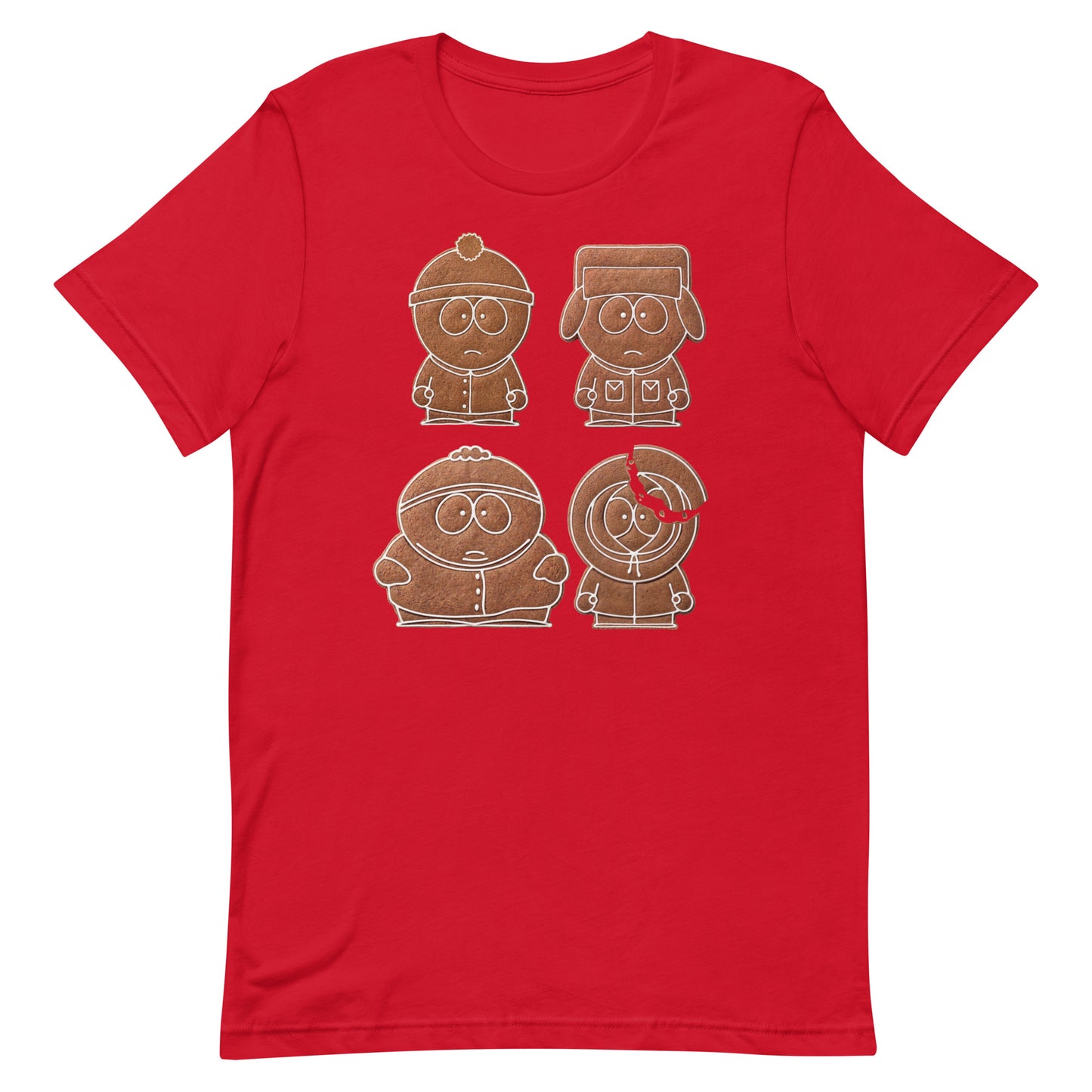 South Park gingerbread boys graphic t-shirt in red, featuring festive character art across the front chest