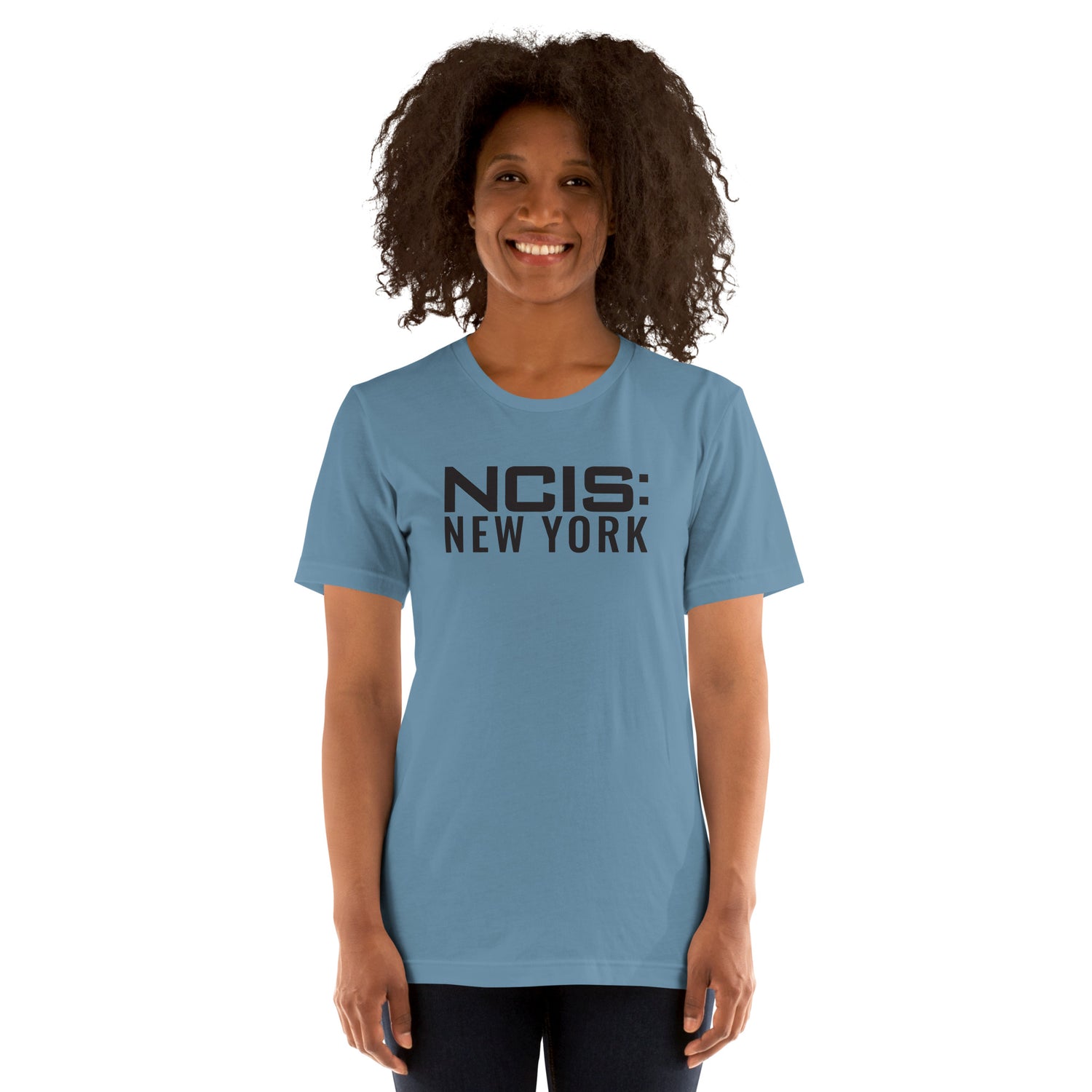 Back view of the solid steel blue t-shirt showing the plain neckline and shoulders