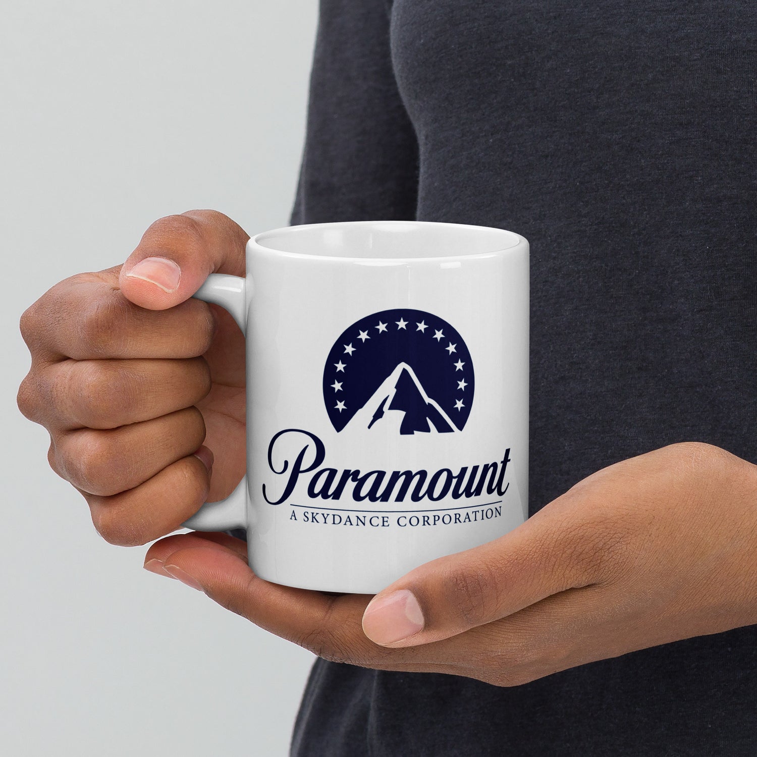 Close up detail of Paramount Mountain Logo on white ceramic