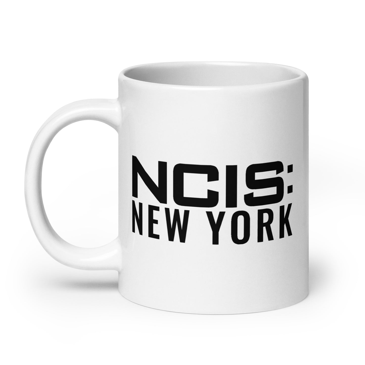 Group shot showcasing multiple sizes of the NCIS New York logo white mug