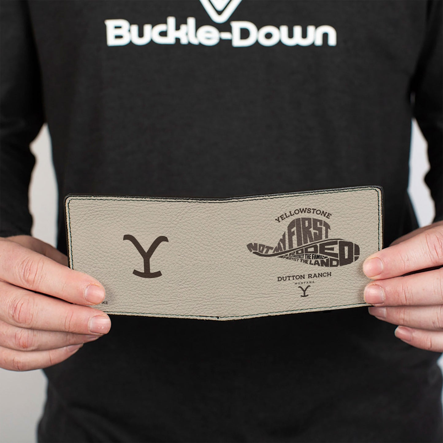 Folded view of the Not My First Rodeo typography design on the wallet.